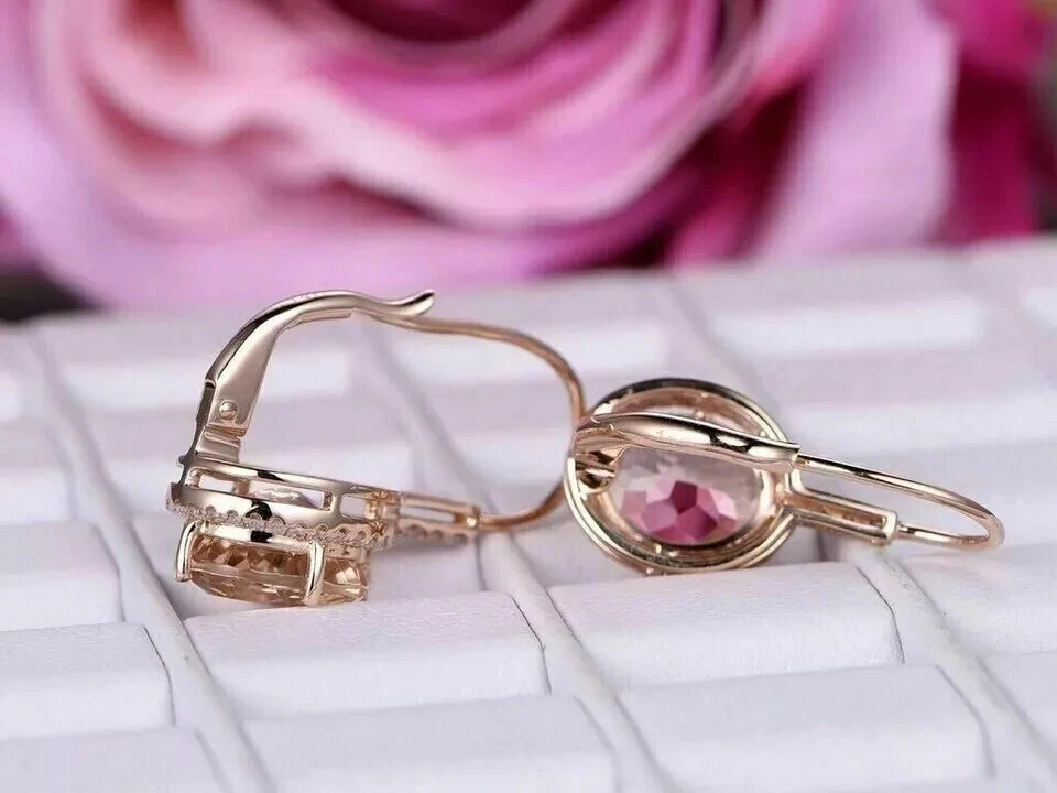 3CT Oval Cut Lab Created Morganite Diamond Women's Earrings 14K Rose Gold Plated - Image 3 of 4