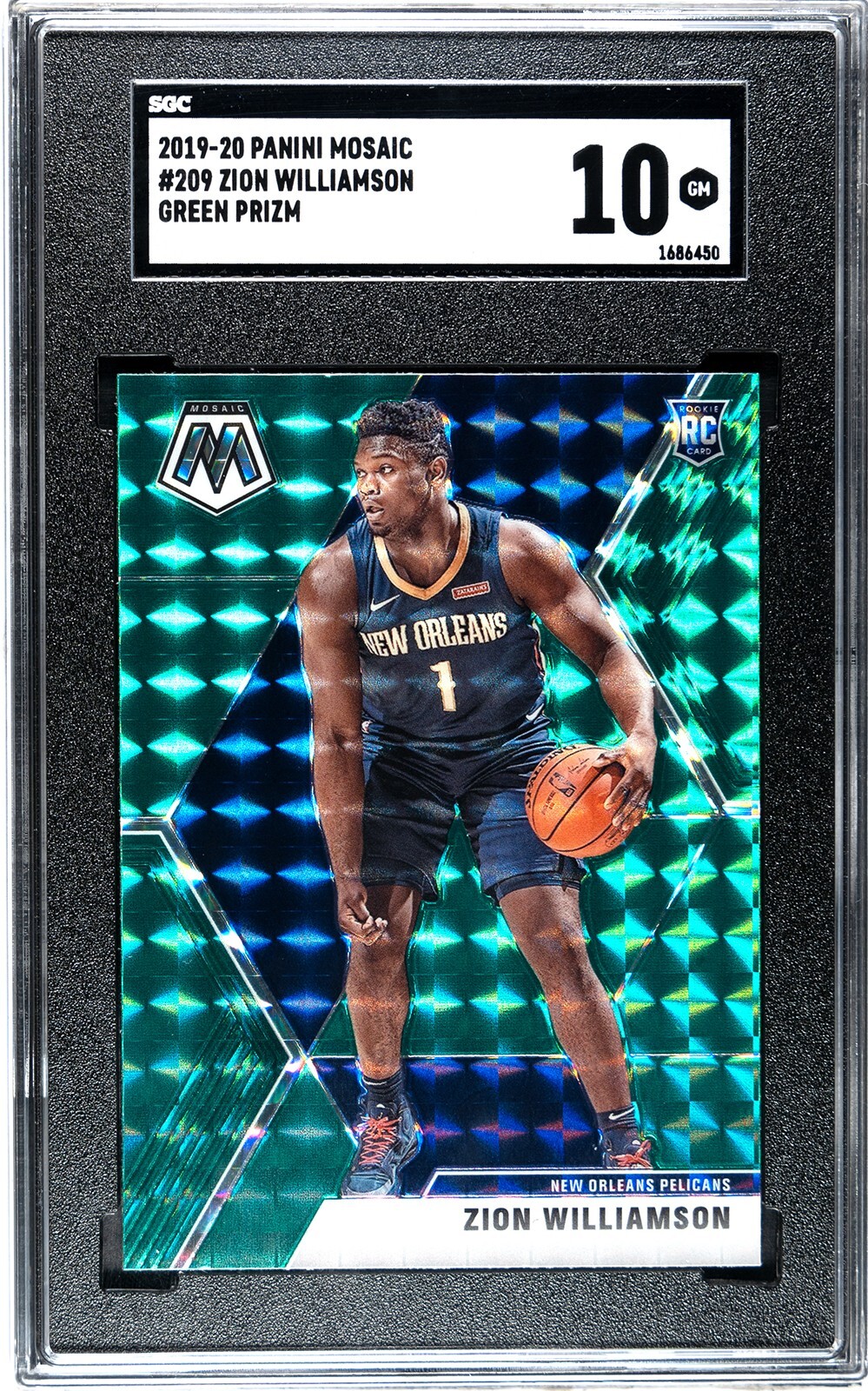 2019-20 Panini Mosaic #209 Zion Williamson GREEN PRIZM SGC 10 GEM MINT RC