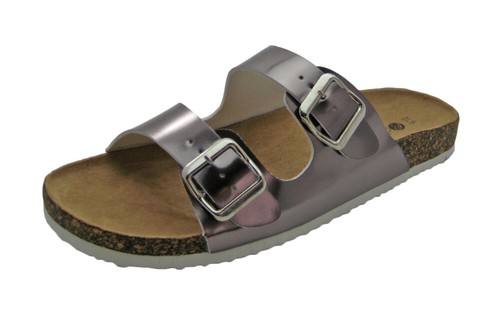 Women's Open Toe Metallic Double Buckle Platform Footbed Slides Sandals - Picture 3 of 5