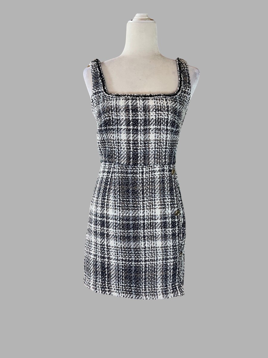 black and white tweed dress Lisa Marie Fernandez Check Shift Minidress in Tweed 1% Nylon Black and White Check Tweed