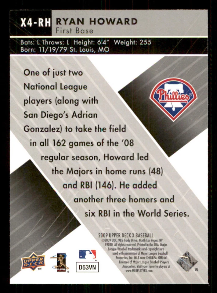 2009 Upper Deck X Xponential 4 #RH Ryan Howard - Image 2 of 2