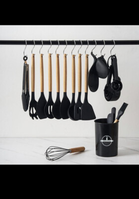 20tlg Silikon Küchenutensilien Set Küche Kochutensilien Set mit Halter Schwarz