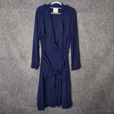 Line & Dot Coat S Military Trench Crepe Longline Sashed Belt Pockets Slits Blue