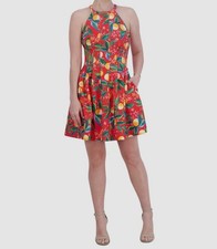 Vince Camuto Women's Red Scuba Crepe Lemon Halter Sleeveless Dress Size 6