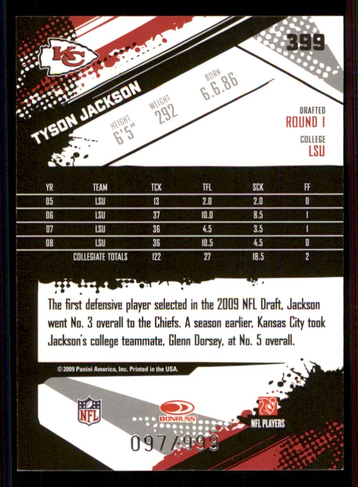 2009 Score Inscriptions #399 Tyson Jackson RC /999 - Image 2 of 2