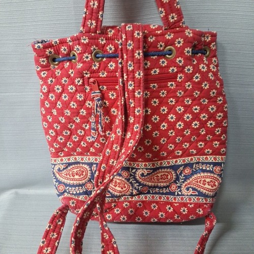 Zaino vintage Vera Bradley con coulisse cotone trapuntato rosso navy floreale paisley - Foto 4 di 11