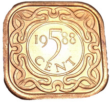 Suriname 5 Cents, 1988-B Gem Unc~Square Coin~Awesome~Holding Arms~Free Shipping