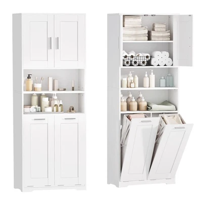 Badezimmerschrank Hochschrank mit Wäschekorb Stauraum MDF Holz Badmöbel 2 Körbe - Bild 1 von 4