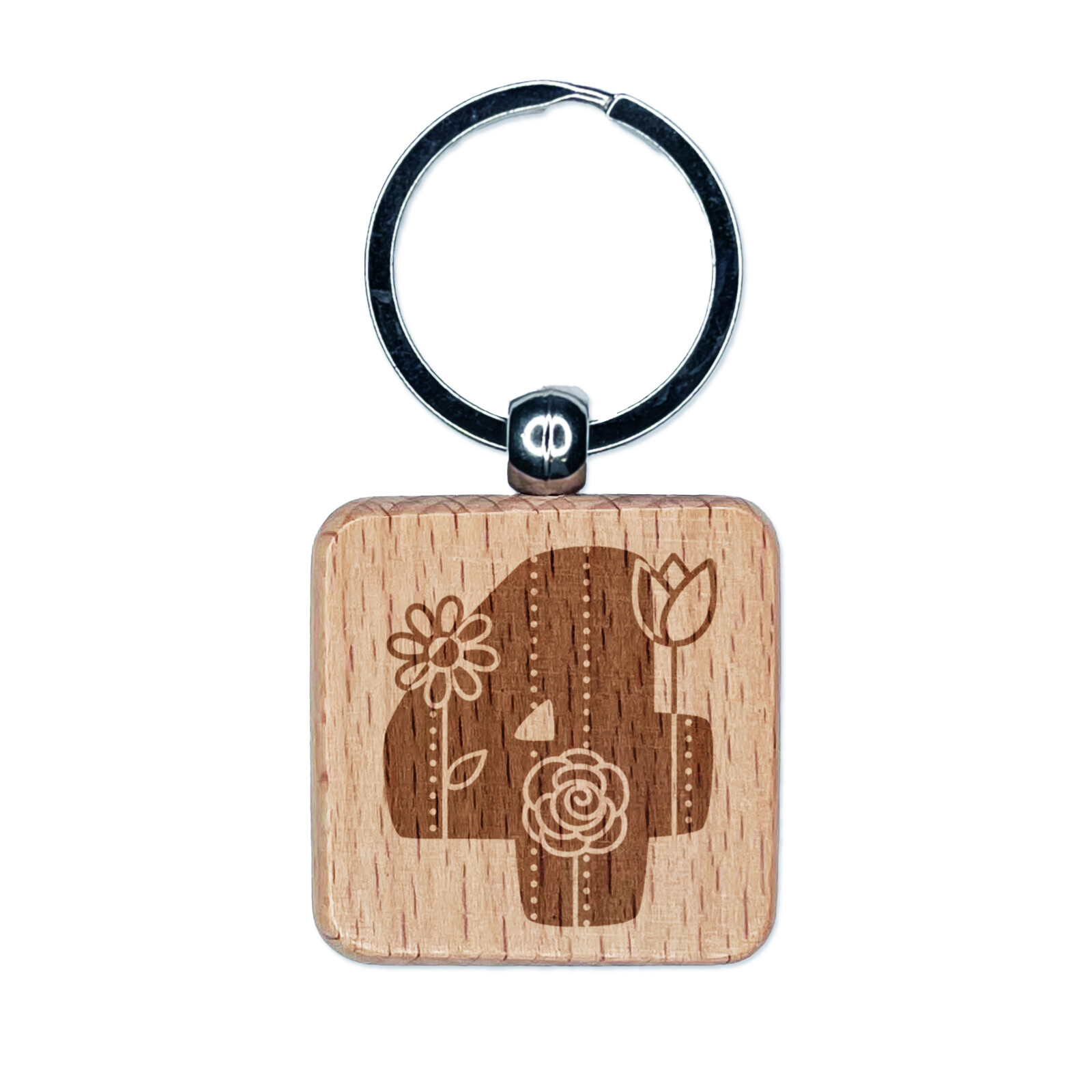 Sweet and Cute Flowers Rounded Block Number 4 Four Engraved Wood Square Keychain