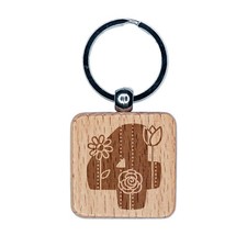 Sweet and Cute Flowers Rounded Block Number 4 Four Engraved Wood Square Keychain