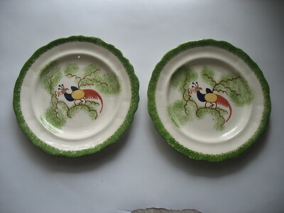 PR Spongeware Spatterware Handpainted plates with peafowl 6 1/2'' MEW Mary Weaver