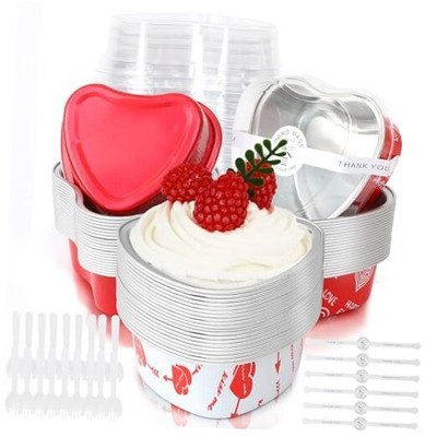 60Pcs Heart Shaped Cake Pans With Lids, 3.4 Oz/ 100ml Mini Disposable Aluminum 