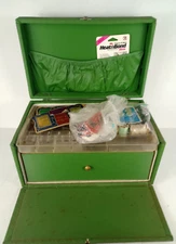 Vintage Mid Century Large Green Sewing Box + Supplies 9"x8"x14.5"