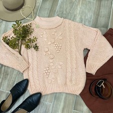 vintage peach pink cable knit grapes mock neck sweater medium