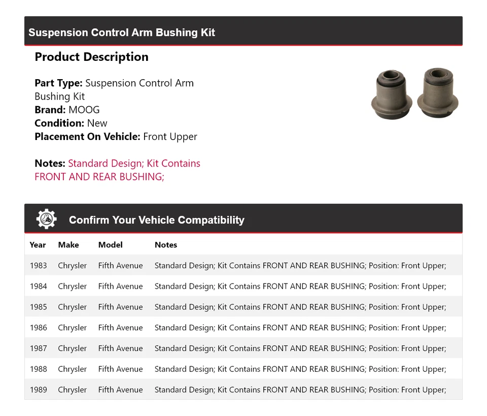 Kit de buje de brazo de control de suspensión MOOG 1983-1989 para Chrysler Fifth Avenue Foto 2 de 4