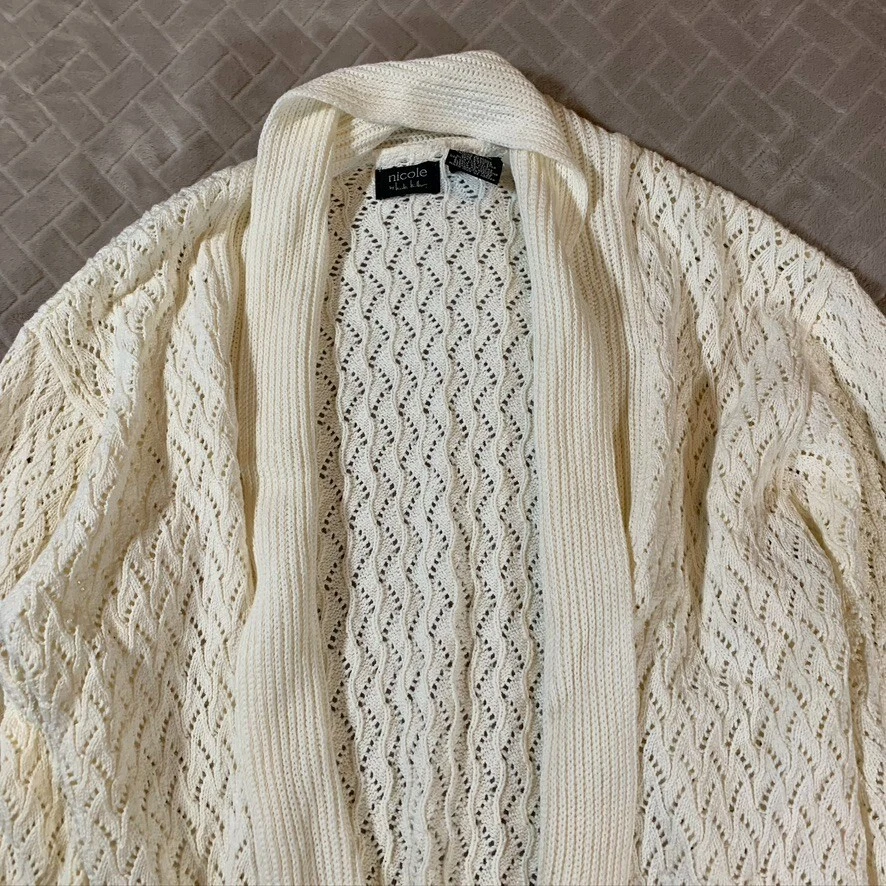 Cárdigan Suéter Nicole Miller Mujer Grande Blanco Crema Frente Abierto Grueso Tejido Foto 2 de 4