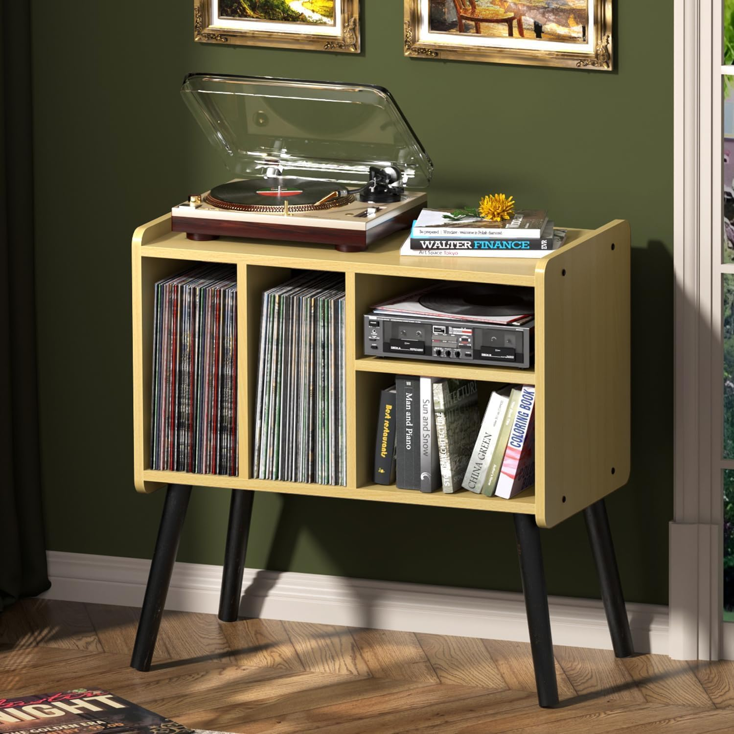 Mid-century modern record player stand with vinyl storage and sturdy base-image
