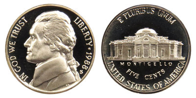 1988-S 5C (Proof) Jefferson Nickel, Ungraded, Uncertified, FREE SHIPPING