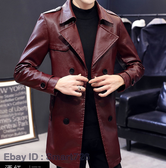 Men's Leather Trench Coat Double Breasted Overcoat Lapel Mid