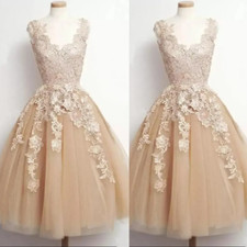 Elegant Champagne Wedding Dresses V Neck Lace Appliques Knee Length Bridal Gowns