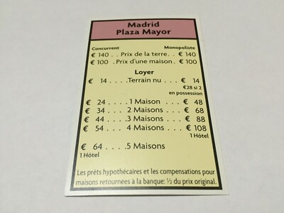 KARTE MADRID PLAZA MAJOR ERSATZTEIL MONOPOLY ANTI MONOPOLY UNIVERSITY GAMES