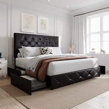Full Size Bed Frame with 4 Storage Drawers & Adjustable Headboard,Black Brown