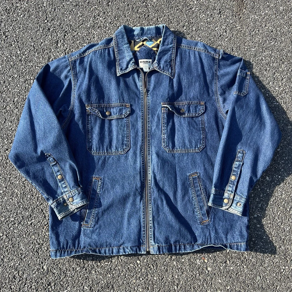 Vintage 90s Haband Denim Full Zip Aztec Lined Jean Chore Barn Coat Jacket SZ XL - Image 2 of 3