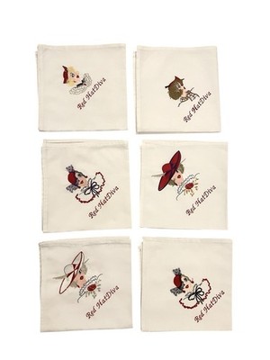 Vintage Set Of 6 Red Hat Diva Embroidered 20 x20  White Fabric Table Napkins