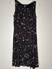 Chaps Women's Large Black Floral Rouched Waist Sleeveless Fit & Flare Midi Dress