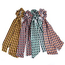 4 Sets Geometric Print Scrunchies With Matching Hair Ties, Satiny Fabric
