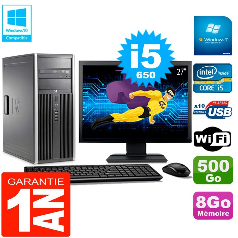 PC HP 8100 Tour Ecran 27" Core i5-650 RAM 8Go Disque 500Go Graveur DVD Wifi W7