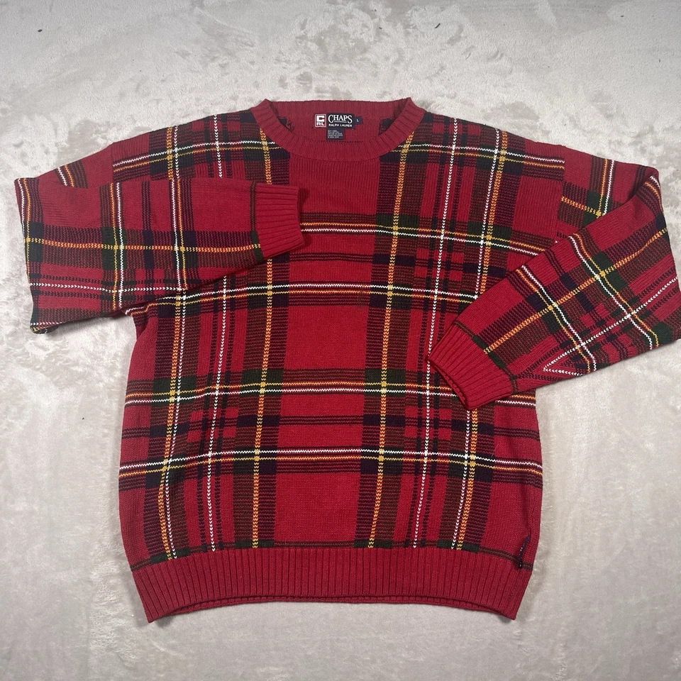 Chaps Ralph Lauren Linen Cotton Plaid Holiday Christmas Red Sweater Men’s Large - Image 2 of 4
