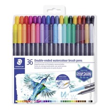 Staedtler Duo-Ended Markers, Watercolor, Brush Tip and Fine Tip, Black Barrels,