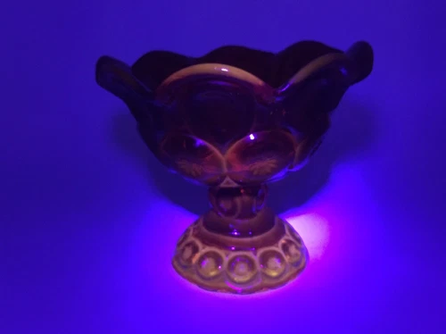 Vtg LE Smith Amberina Red Moon Stars Pedestal Compote Candy Dish 6 1/2" Glows