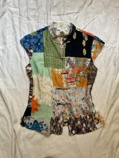 Citron Vintage Silk Multicolor Patchwork Cap Sleeve Oriental Top Size Medium