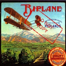 BiPlane Airplane Orange Redlands San Bernardino Fruit Crate Label Print 8x8