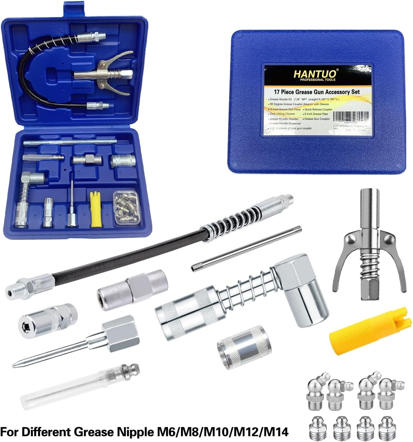 17 Piece Grease Gun Accessory Kit - Quick Connect Grease Coupler Set with 90° A