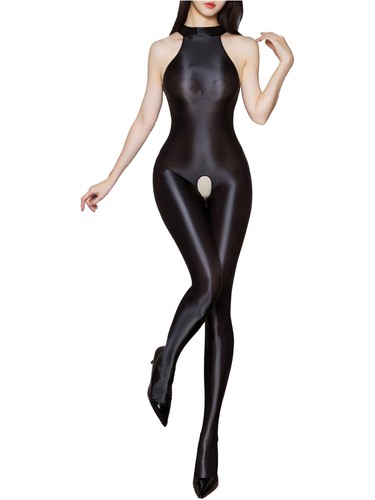 Woman's Shiny Oil Silk Bodysuit Full Jumpsuit Hollow Out Bodystockings Lingerie - Picture 74 of 117