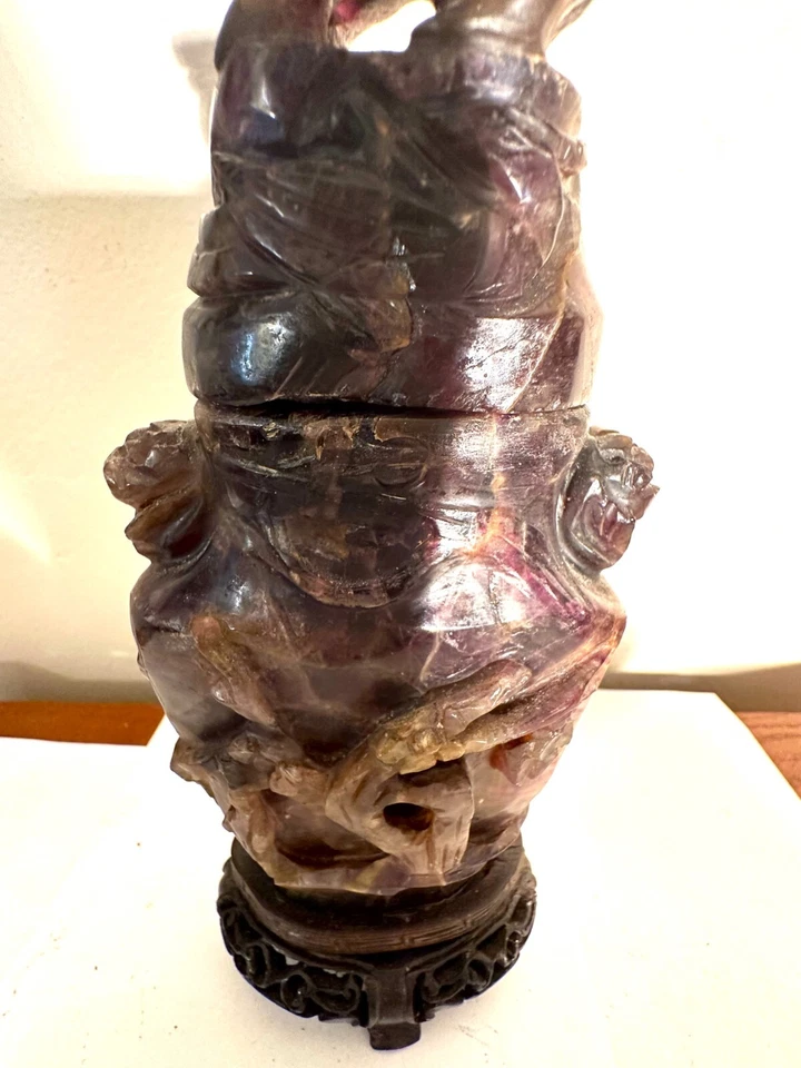 中国古董深雕花瓶,带盖支架 — 第 4/4 张图片