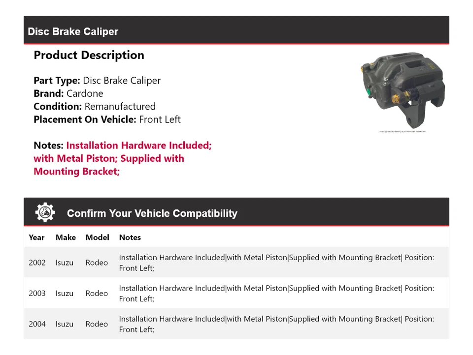 Pinza de freno de disco delantera izquierda Cardone 2003 Isuzu Rodeo 2002-2004 Foto 2 de 4