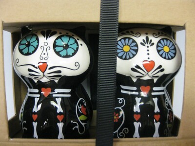 Blue Sky Clayworks SALT & PEPPER Sugar Skull Fat CATS Halloween Day of Dead   