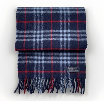 BURBERRY Wool Scarf Shawl Nova Check Vintage Blue Made in