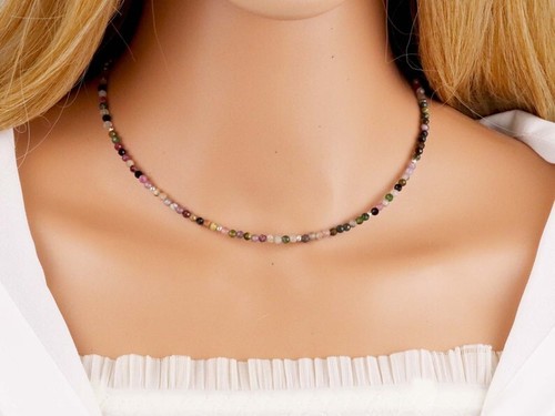 Handgefertigter Schmuck 2-3 mm Multi Turmalin Facettiert Runde Edelstein Perlen Halskette 18 Zoll - Bild 14 von 14