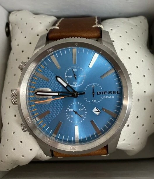 Diesel Men s Blue Dial Brown Leather Band Watch 5Bar DZ4443