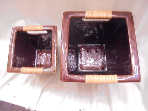Set of 2 Square Stoneware Decorative PLANT POTS , heavy duty olive color - Picture 15 of 15