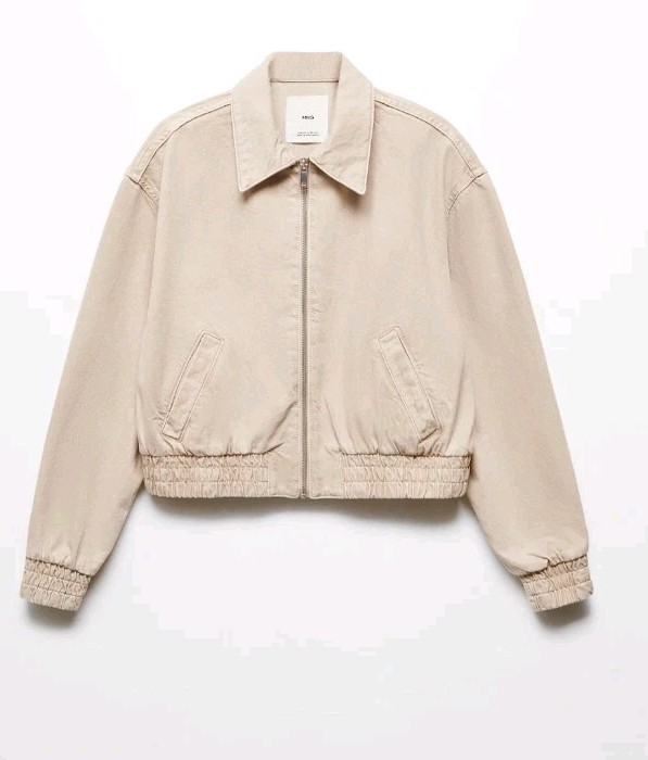 Mango MNG Blake Light Beige Denim Bomber Jacket Sand US XS NWOT