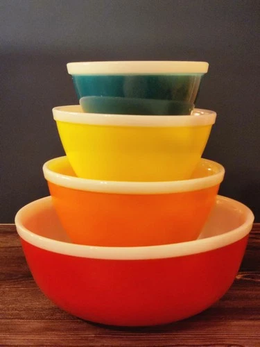 HTF Vintage JAJ Pyrex RAINBOWS Complete Set of 4 Mixing Bowls
