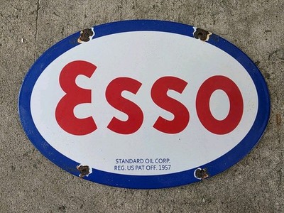 VINTAGE 1957 ESSO STANDARD GASOLINE  PORCELAIN ENAMEL SIGN 11.7 '' X 8''