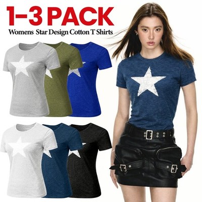 1-3er Pack Damen Kurzarm T-Shirts Sterne bedruckt Rundhals Tee Shirt UK S-XL