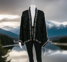 Johnny Was Womens Floral Embroidered CUPRA RAYON Kimono Black  XL Light & Lovely